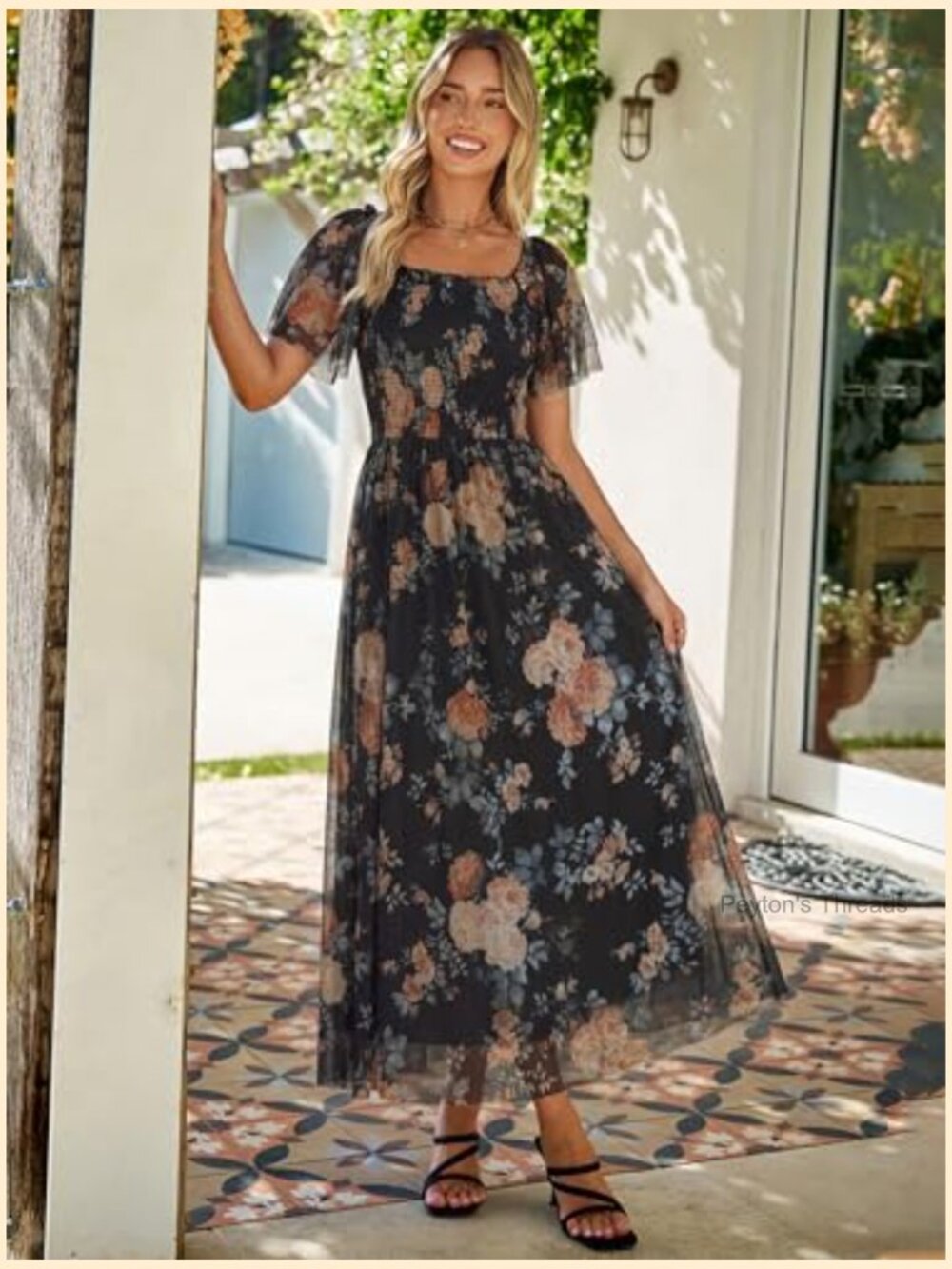 Square Neck Mesh Short Sleeve Smocked Flowy Boho Maxi Dress - Picture 4 of 7